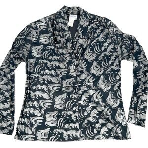 Y2K Black Silver Swirl Print Top 10 Sheer Burnout Shawl Collar Long Sleeve Rave